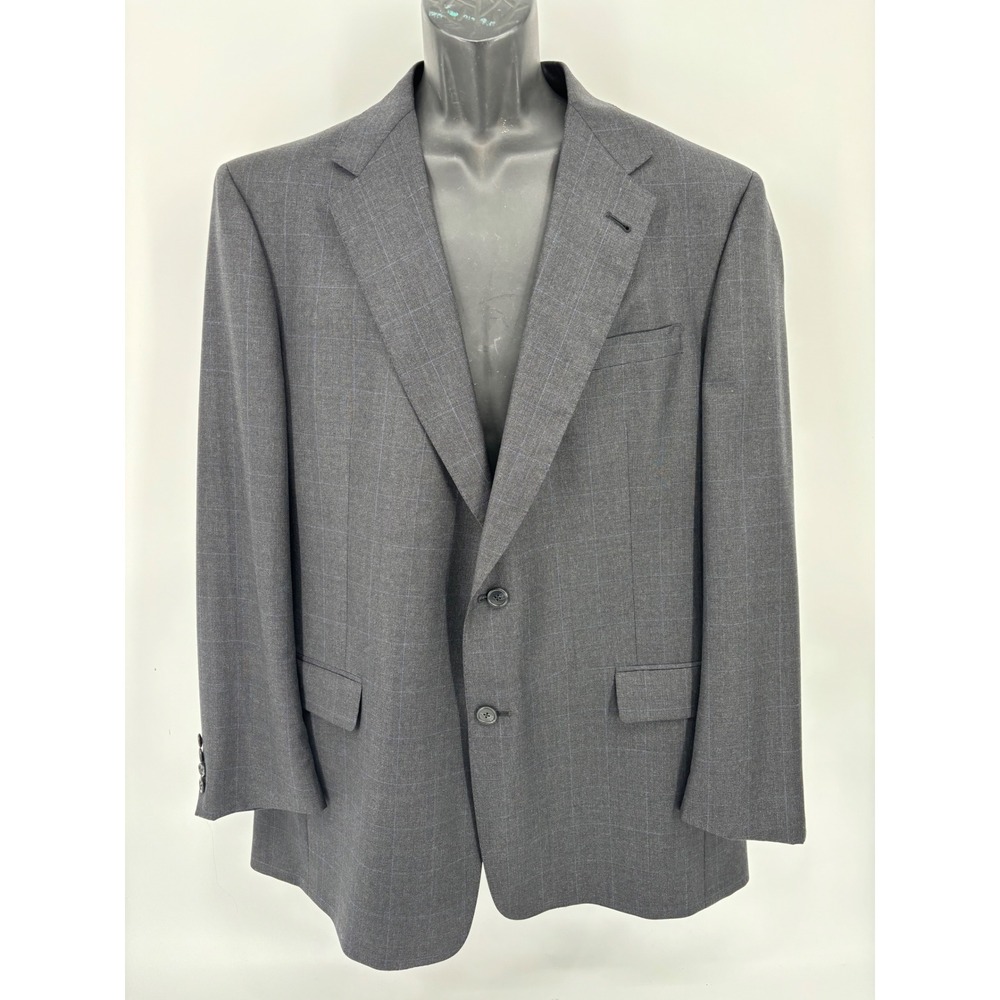 Burberrys Vintage Mens Suit Charcoal Grey Windowpane Super 100 Wool Pleated Suit